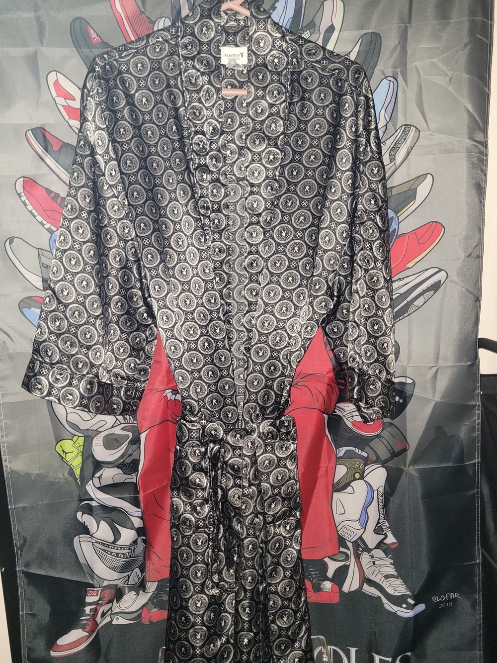 PlayBoy Silky Black & Silver Medallion Kimono Robe